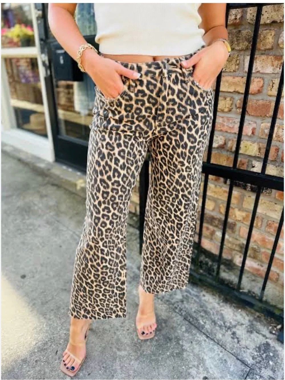 Michael Kors Leopard Print Straight Leg Jeans in Brown and Black
